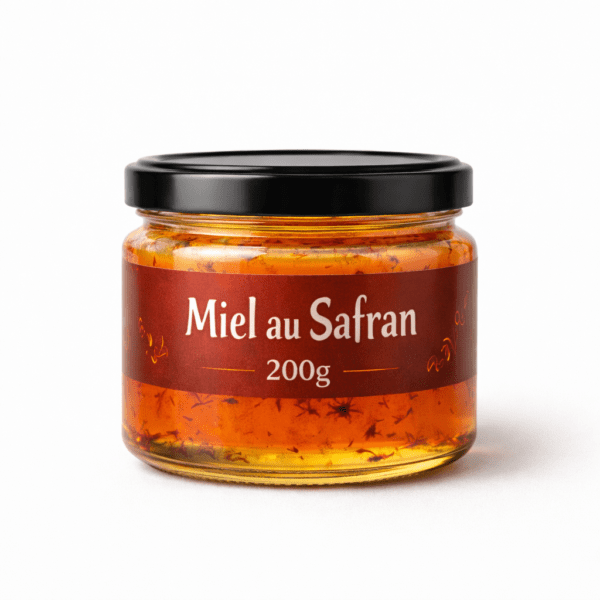 Miel au safran pur artisanal Miel au safran 100g naturel Miel au safran 200g premium Miel au safran 500g produit artisanal Texture du miel au safran