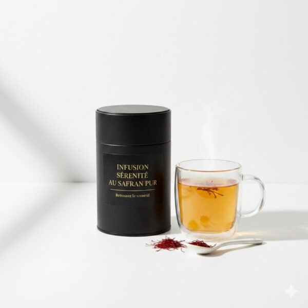 Infusion naturelle au safran pur pour le sommeil, boîte noire élégante et tasse de thé sur fond blanc.