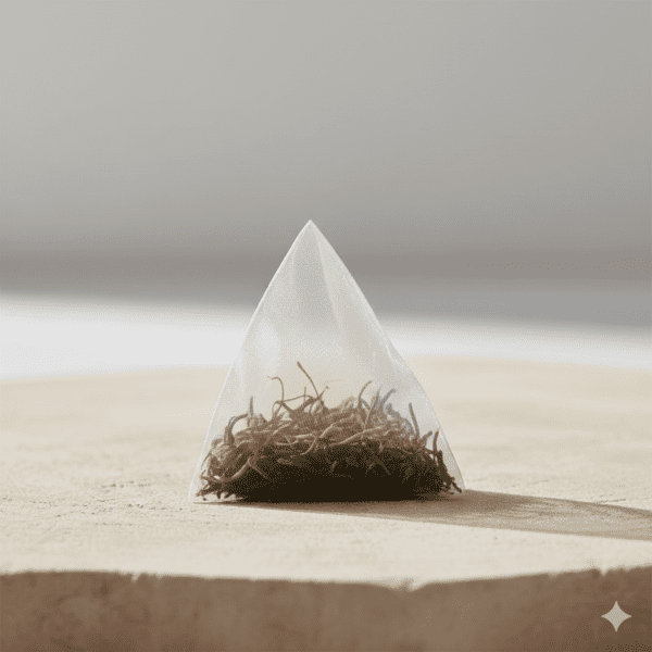 Sachet pyramide d'infusion naturelle laissant apparaître les filaments de safran et le thé vert.