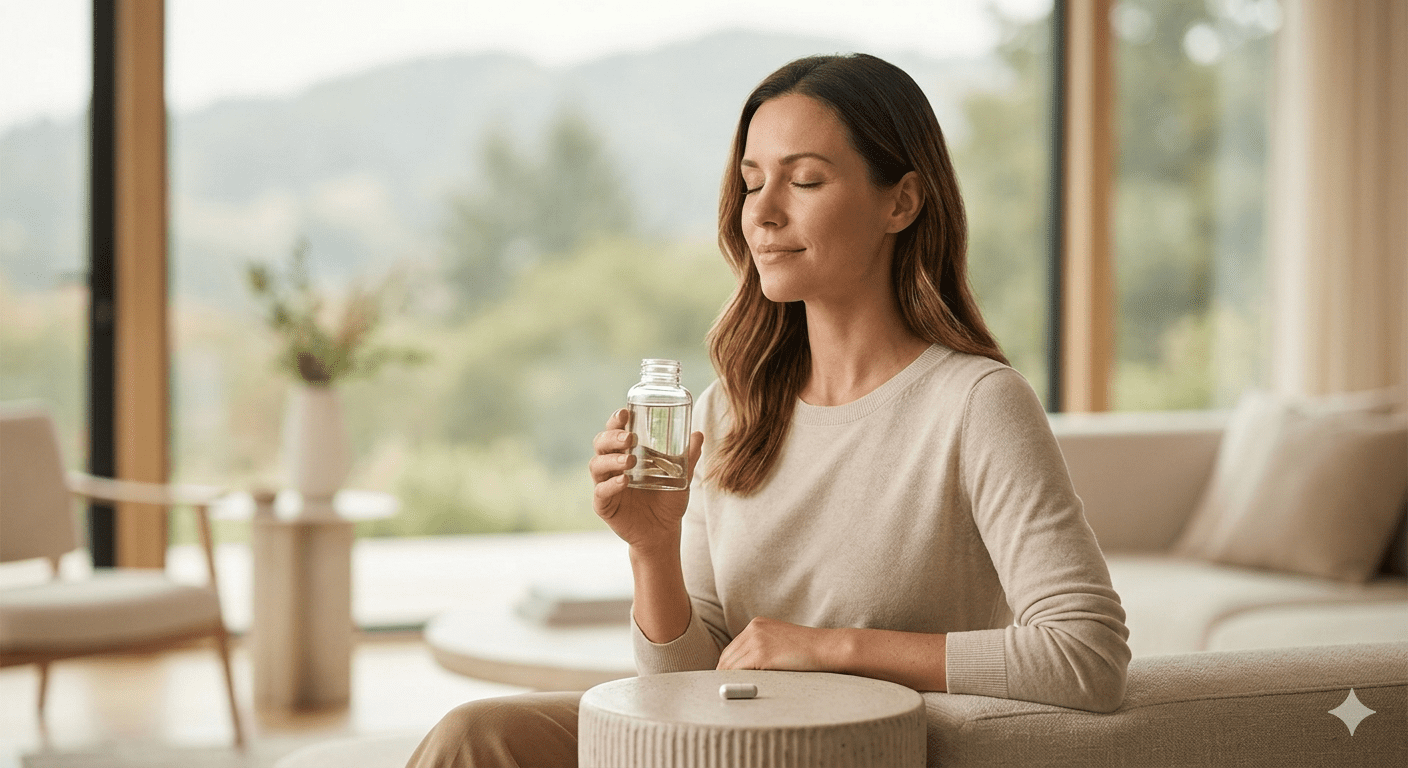 Femme sereine inhalant le calme, illustrant l'efficacité des solutions premium de gestion du stress pour retrouver le contrôle mental.