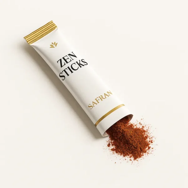 Stick de complément alimentaire au safran ouvert avec poudre naturelle – Safran d’Or Belgique