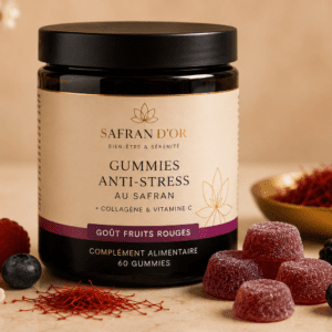 Pot de gummies anti-stress au safran Safran d'Or, goût fraise, complément alimentaire premium pour le bien-être émotionnel et la sérénité.